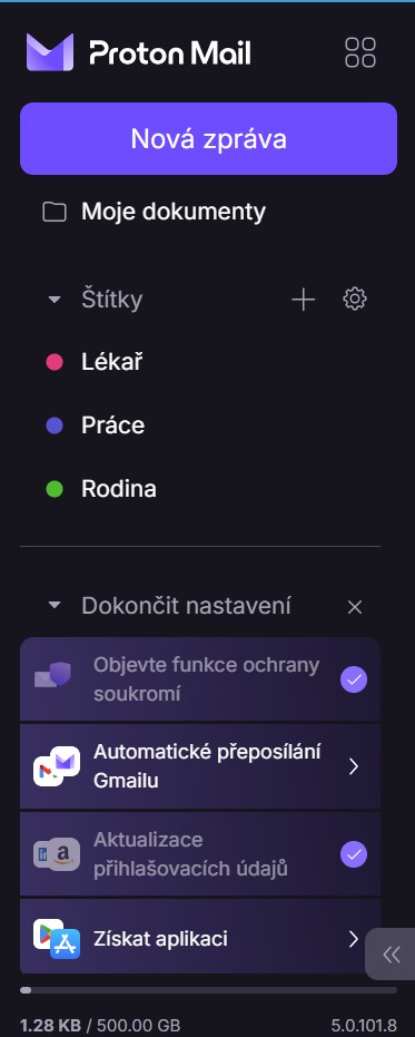 Proton Mail - postranní panel se štítky a složkami