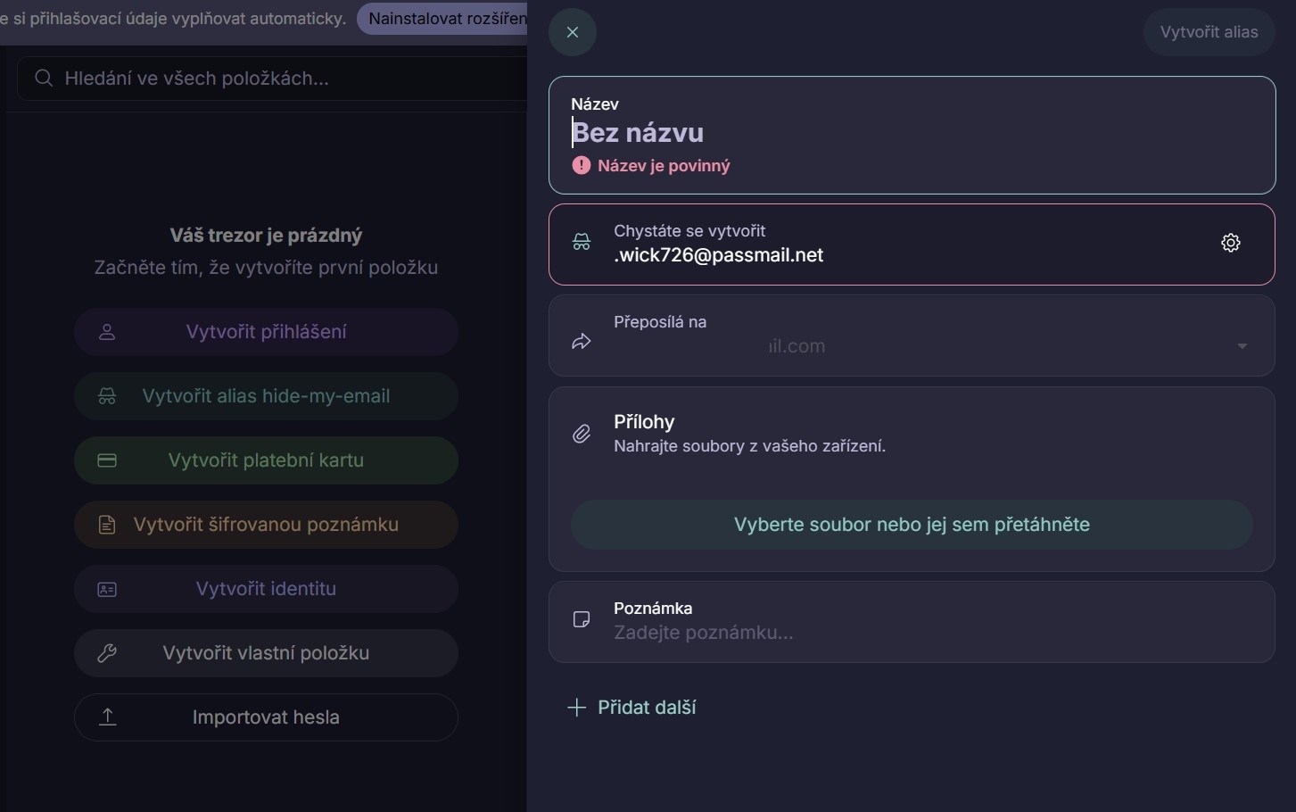 Proton Pass - vytváření hide-my-email aliasu