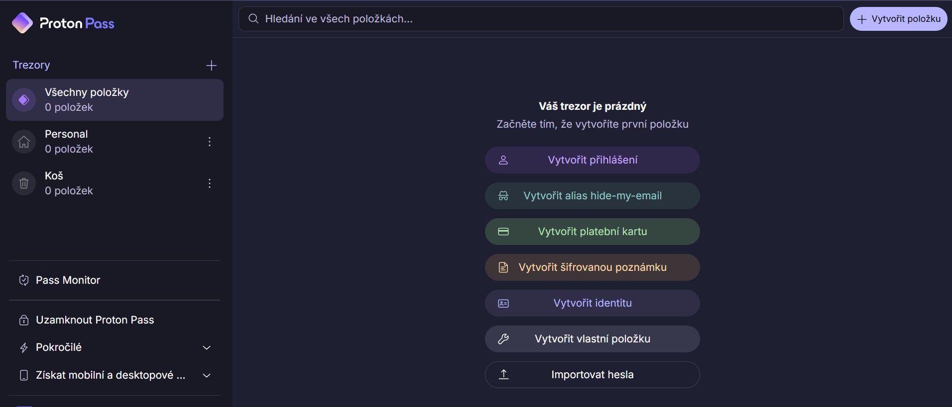 Proton Pass - přehled trezoru s položkami