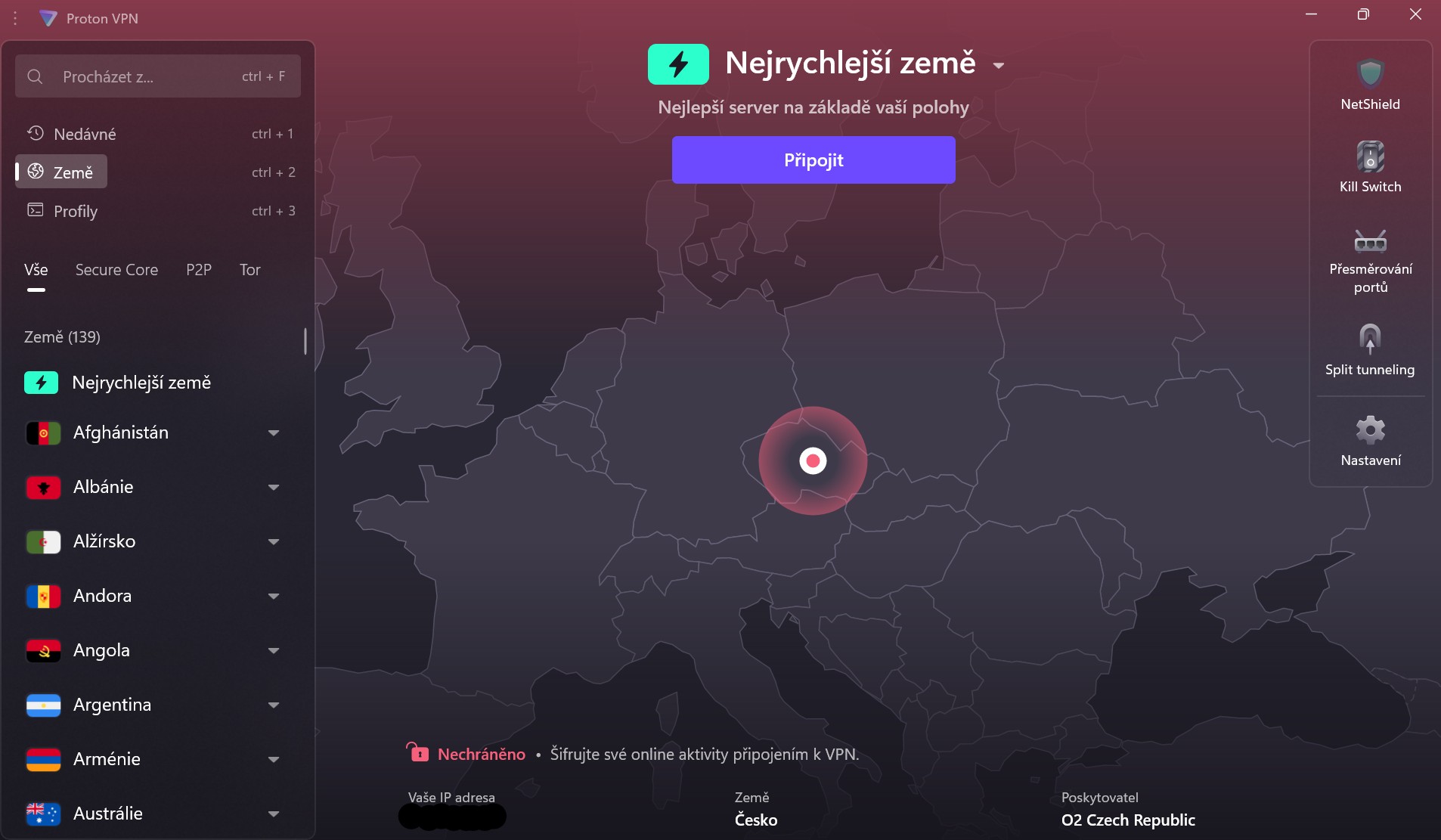 Proton VPN - hlavní obrazovka před připojením, stav Nechráněno